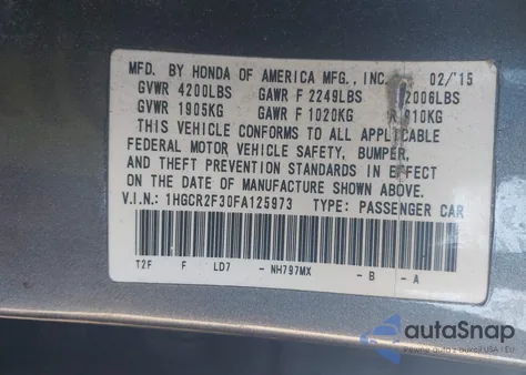 2015 Honda Accord Lx from USA, damaged, VIN 1HGCR2F30FA125973